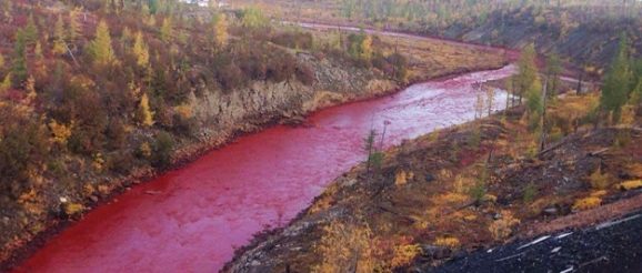 река Далдыкан внезапно поменяла цвет на красный